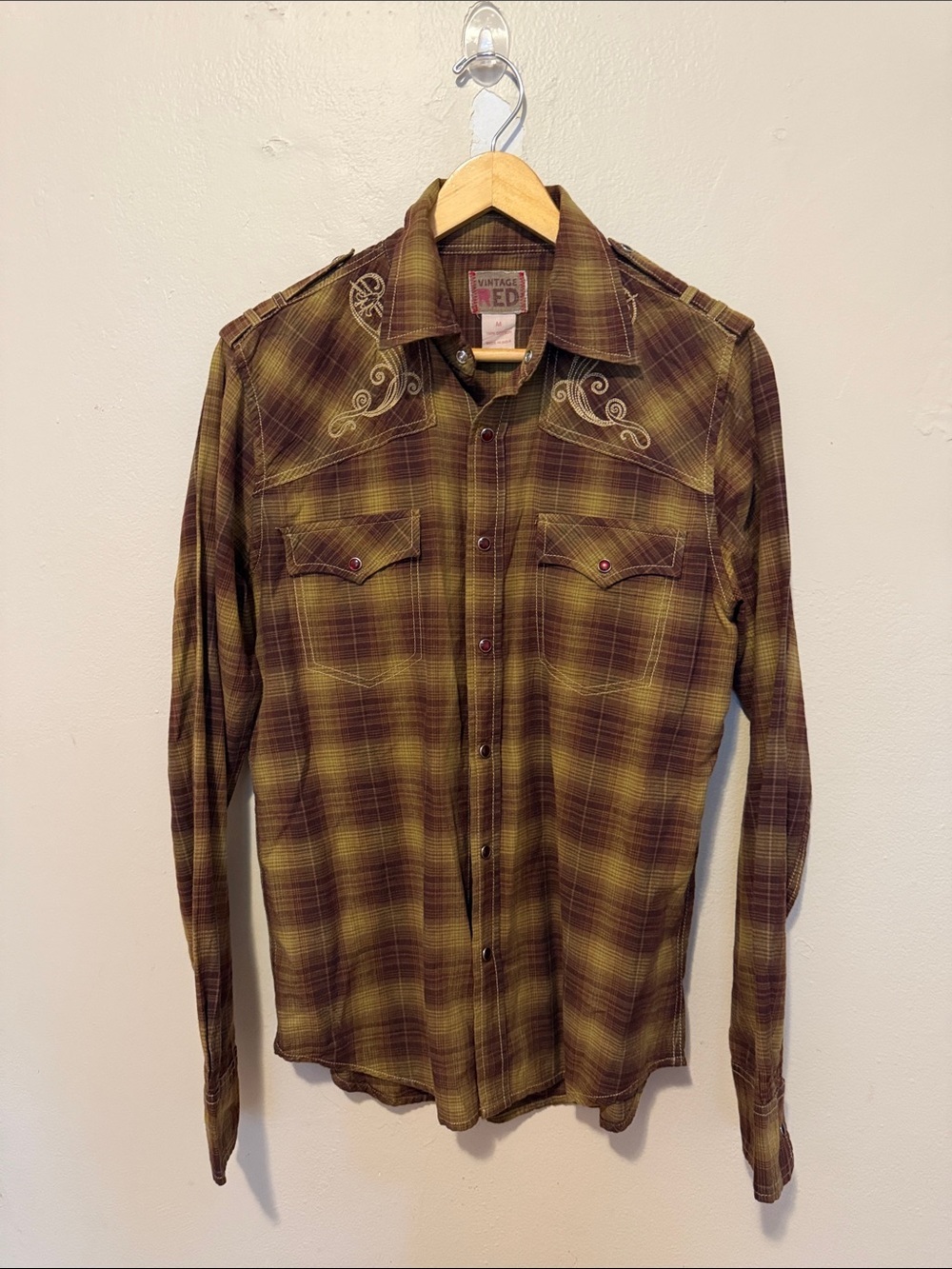 Men's Olive & Brown Plaid Western Button-Down Shirt